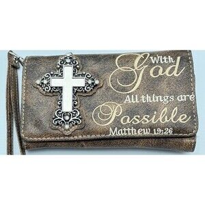 Faux Leather Trifold Brown Wallet Christian Organizer Clutch Matthew 19:26 Cross